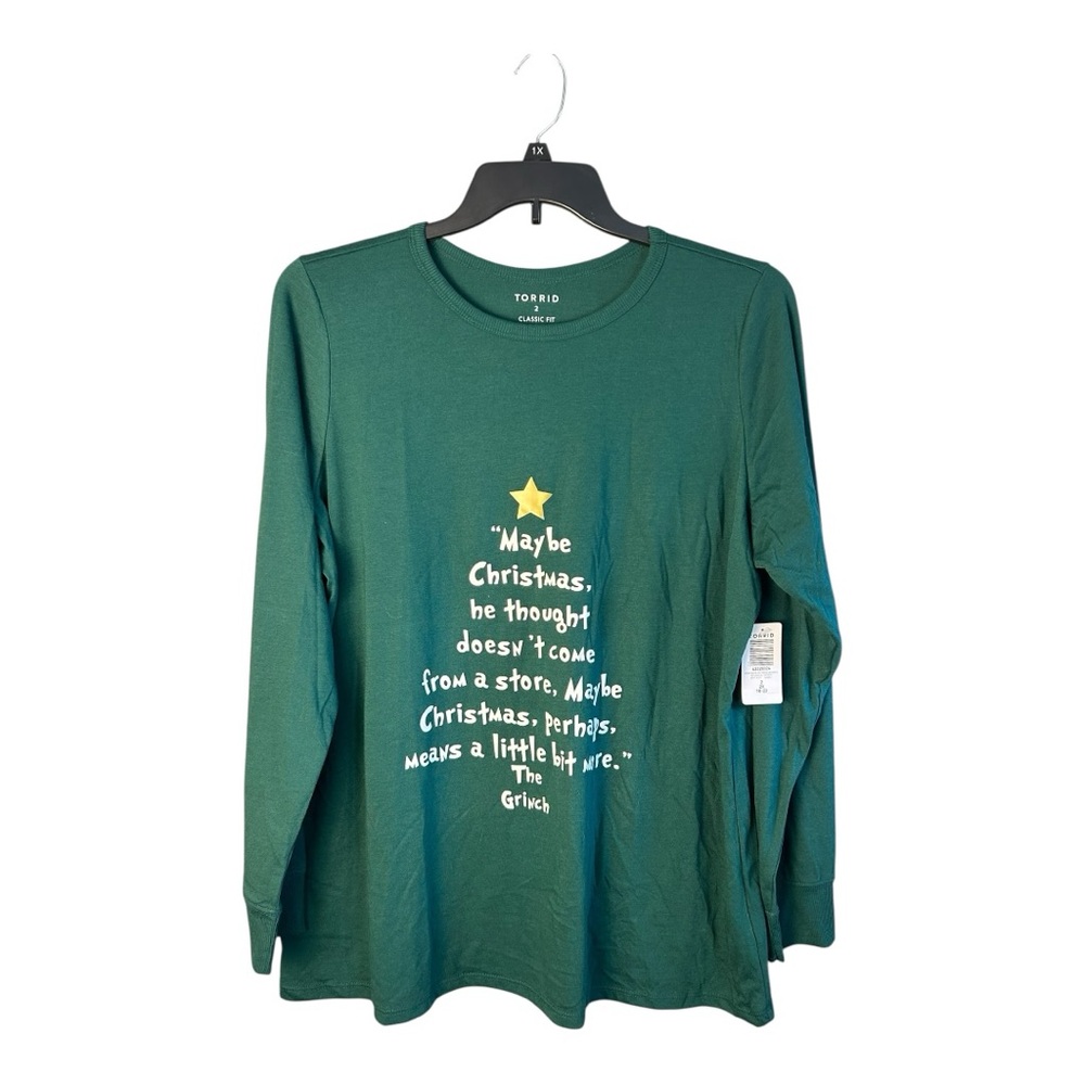 Torrid Grinch Quote Classic Fit Green Long Sleeve Top Size 2X NWT - Picture 8 of 8